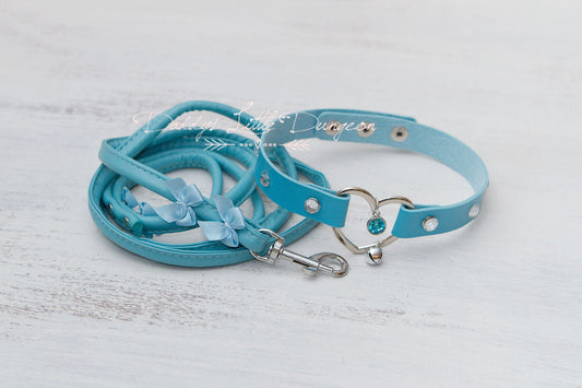 DDLG Pretty Blue BDSM Bondage Collar & Leash Set Satin Bows Sub Master Girly Sub Sissy Daddys Little Baby Girl Kawaii ABDL mature furry