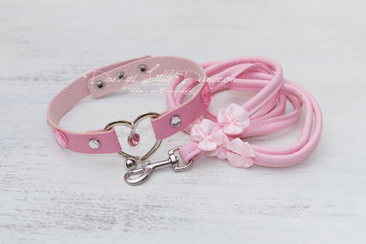 DDLG Pretty Pink BDSM Bondage Collar & Leash Set Satin Bows Sub Master Girly Sub Sissy Daddys Little Baby Girl Kawaii ABDL mature furry