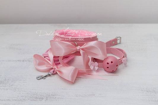 DDLG Pretty Pink Furry BDSM Bondage Collar Leash & Ball Gag Set Satin Bows Sub Master Girly Sub Sissy Daddys Little Girl Kawaii ABDL mature