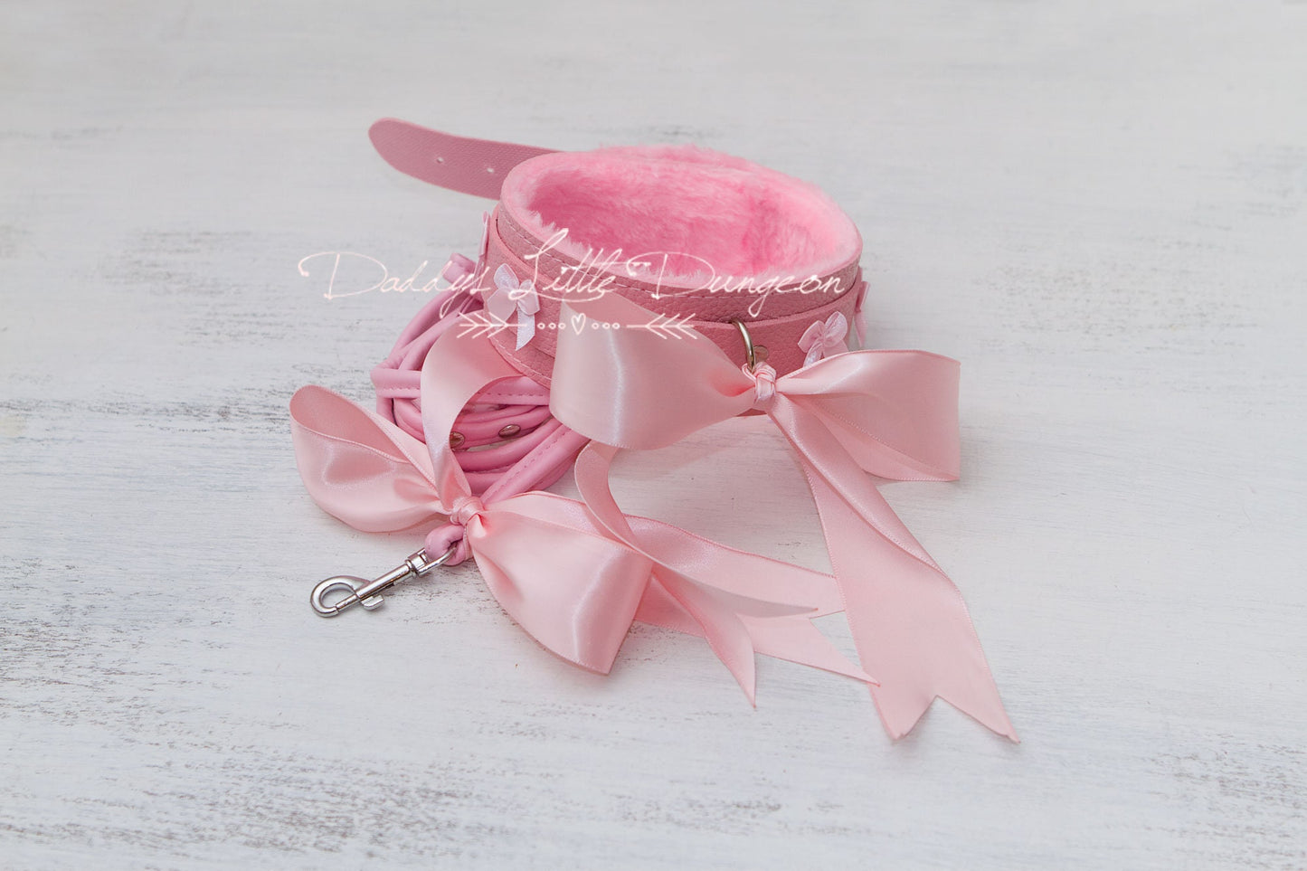 DDLG Pretty Pink Furry BDSM Bondage Collar & Leash Set Satin Bows Submissive Master Girly Sub Sissy Daddys Little Girl Kawaii ABDL mature