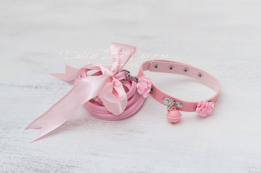 DDLG Pet Play Pastel Goth Bondage Collar & Leash Set Flowers Kitty Puppy Furry Pink BDSM Sub Master Sissy Daddys Little Girl Kawaii mature