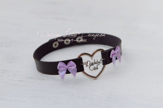 BDSM DDLG Black Daddy's Girl Charm Heart Day Collar Lolita Choker Purple Bows Pet Play Submissive Little Baby Kitten Petplay ABDL mature