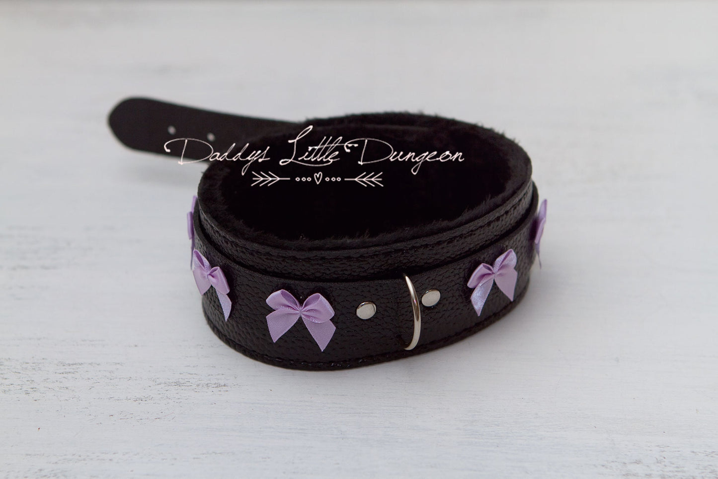 DDLG Pretty Black Furry BDSM Gothic Lolita Bondage Collar & Leash Set - Bows Master Girly Sub Sissy Daddys Little Girl Kawaii ABDL mature