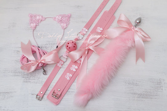 18+ Pretty Pink Pet Play Starter Set! Fox Kitty Ears Collar Leash Anal Butt Plug Tail Ball Gag Kitten Cat Petplay BDSM ABDL DDLG mature