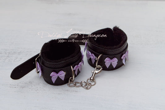 Black Fuzzy BDSM Ankle Cuffs with Purple Bows - Faux Leather & Fur Leg Restraints for Light Bondage - Goth, Sub, Femdom, Petplay - mature