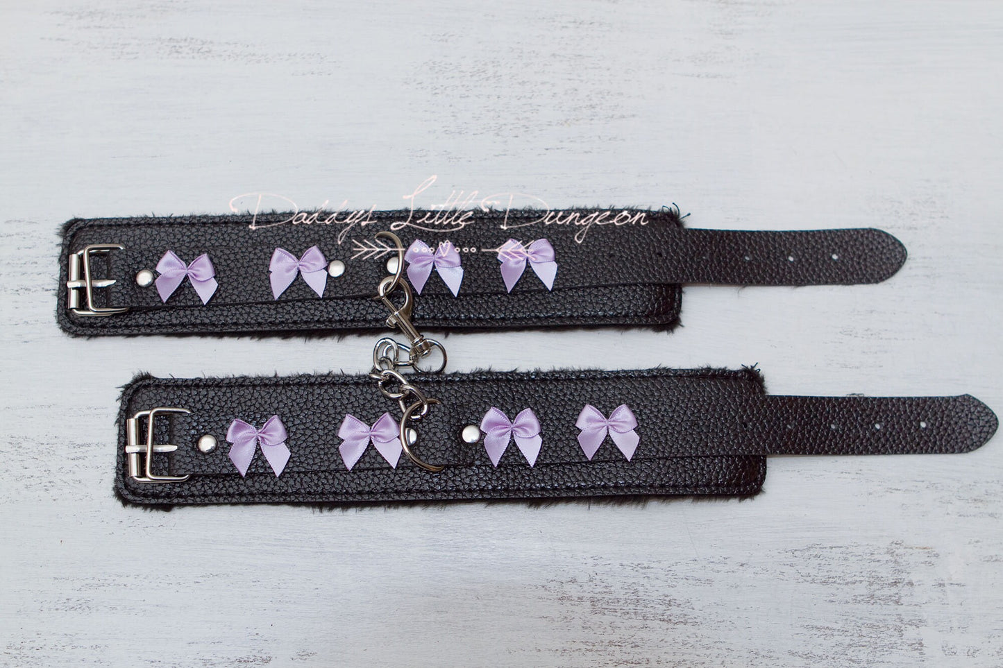 Black Fuzzy BDSM Ankle Cuffs with Purple Bows - Faux Leather & Fur Leg Restraints for Light Bondage - Goth, Sub, Femdom, Petplay - mature