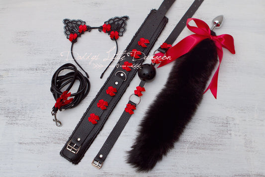 18+ Pretty Gothic Pet Play Starter Set! Fox Kitty Ears Collar Leash Anal Butt Plug Tail Ball Gag Kitten Cat Petplay BDSM ABDL DDLG mature