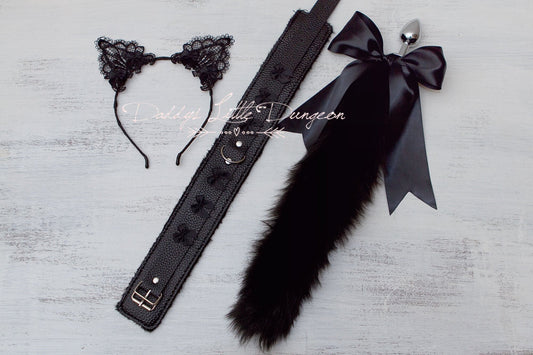 18+ Pretty Gothic Black Pet Play Starter Set! Fox Kitty Ears Collar Leash Anal Butt Plug Tail Kitten Cat Petplay BDSM ABDL DDLG mature