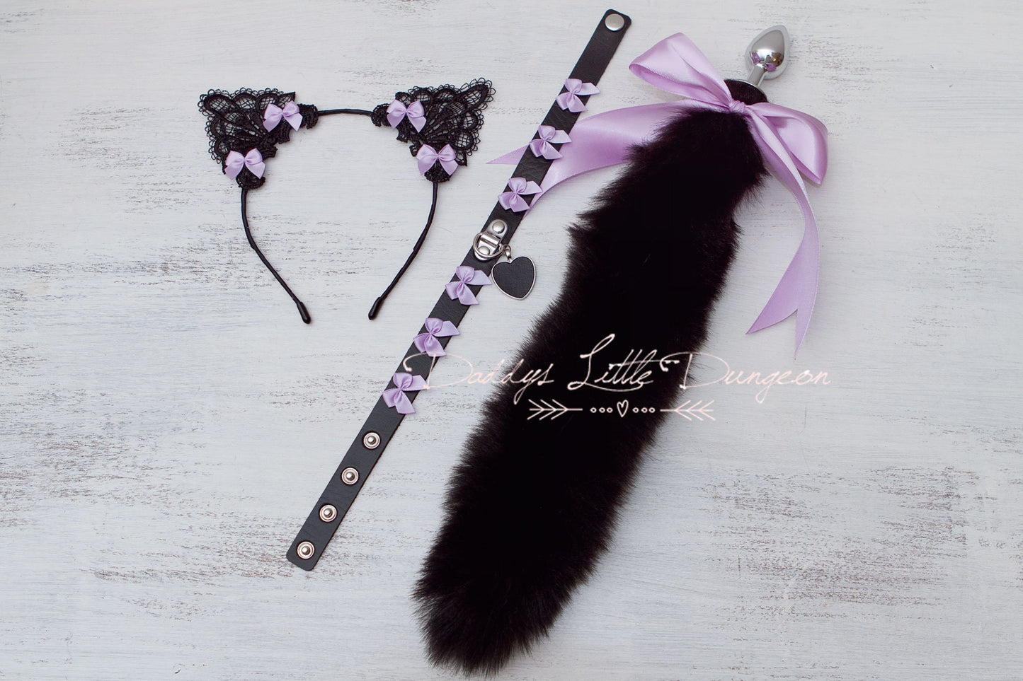 18+ Pretty Gothic Pet Play Starter Set! Fox Kitty Ears Collar Leash Anal Butt Plug Tail Purple Bows Kitten Cat Petplay BDSM ABDL DDLG mature