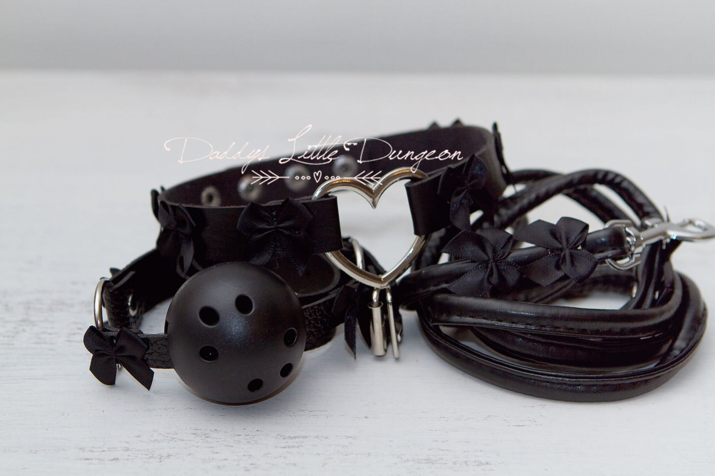 DDLG Pretty Black BDSM Gothic Heart Goth Collar Leash Ball Gag Set - Bondage Sub Daddy Master Girly Sissy Little ABDL mature Baby mommy