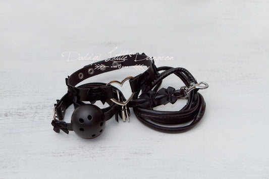 DDLG Pretty Black BDSM Gothic Heart Goth Collar Leash Ball Gag Set - Bondage Sub Daddy Master Girly Sissy Little ABDL mature Baby mommy