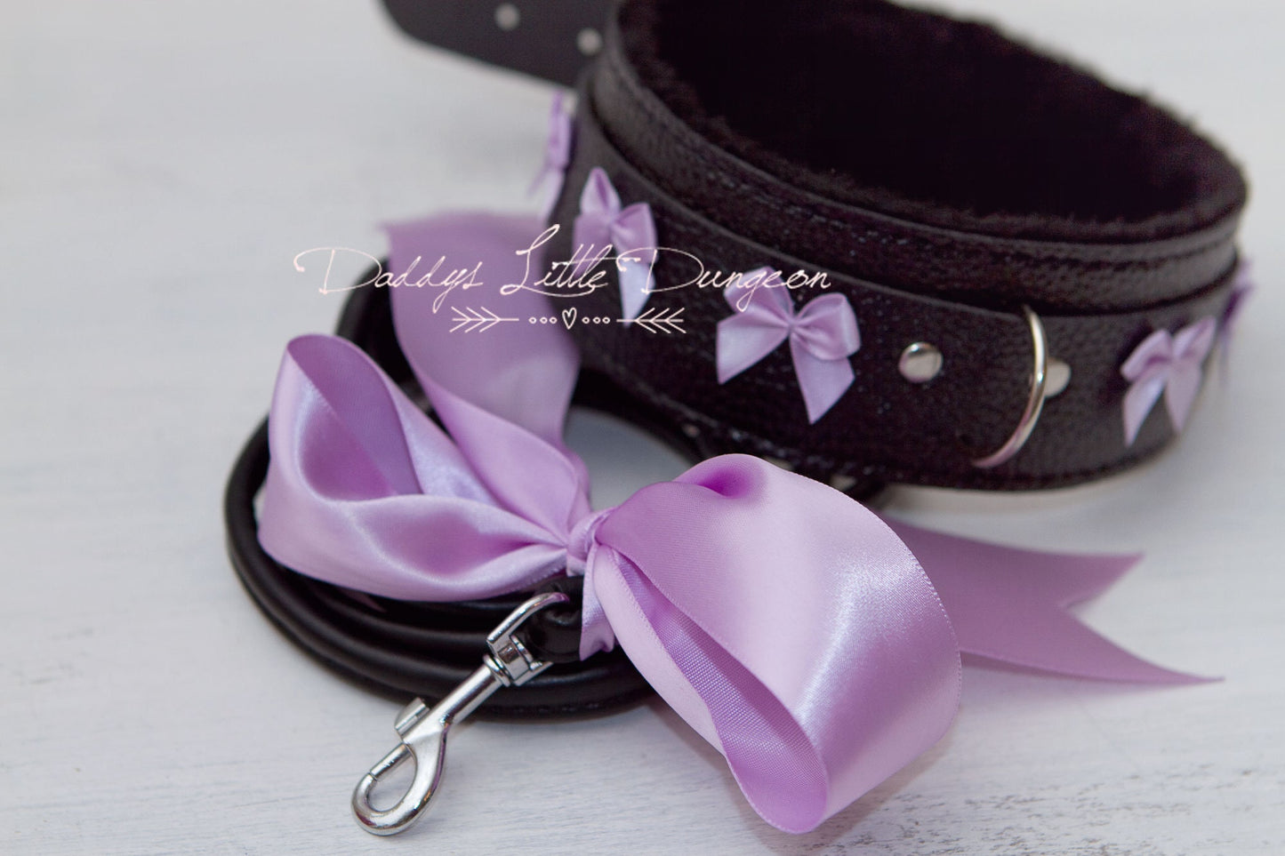 DDLG Pretty Black Furry BDSM Gothic Lolita Bondage Collar & Leash Set - Bows Master Girly Sub Sissy Daddys Little Girl Kawaii ABDL mature