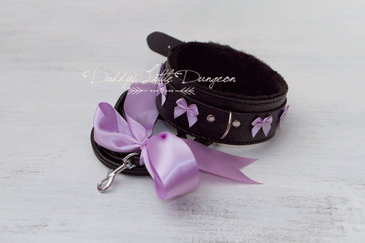 DDLG Pretty Black Furry BDSM Gothic Lolita Bondage Collar & Leash Set - Bows Master Girly Sub Sissy Daddys Little Girl Kawaii ABDL mature