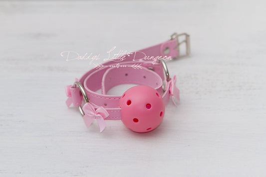 DDLG Pretty Pink BDSM Bondage Ball Gag Bit Bows Sub Girly Daddys Little Girl Boy ABDL Sissy Master Kinky Fetish Freak mature mdlg mdlb ddlb