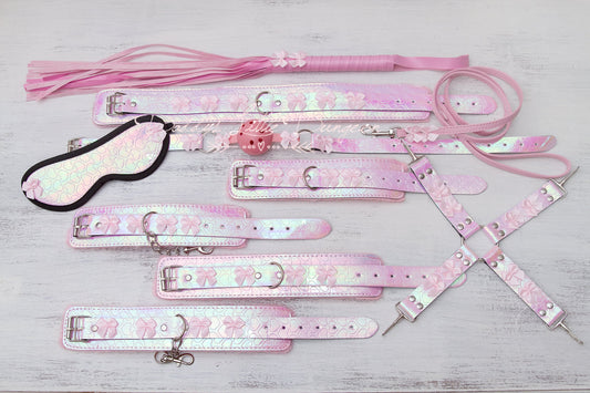 Cute pink DDLG Bondage set, BDSM collar and leash, pretty ball gag, fetish restraints for pet play and subs.