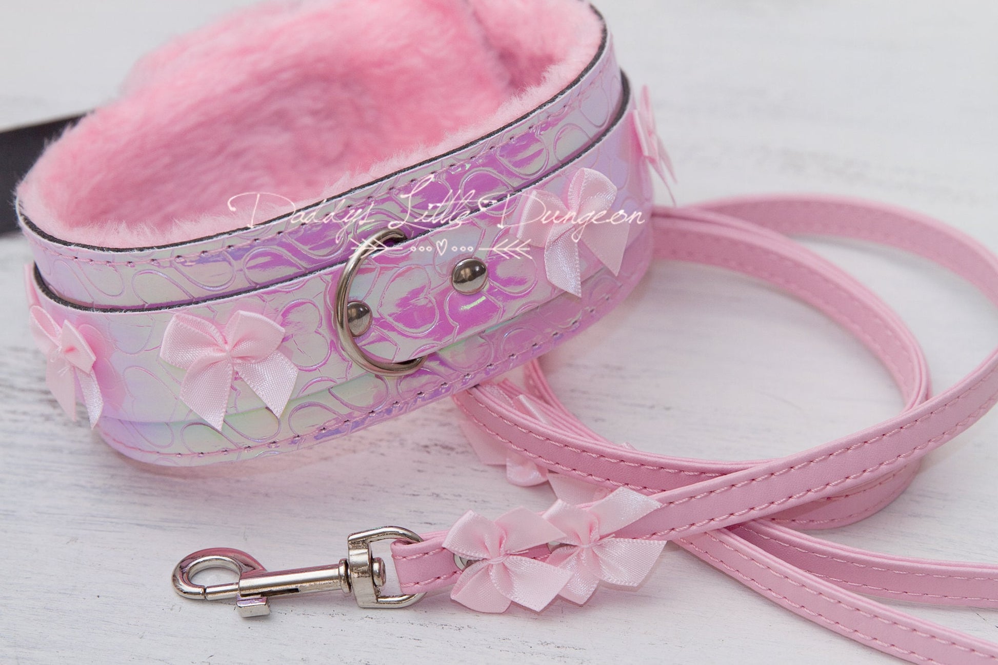 Cute pink DDLG Bondage set, BDSM collar and leash, pretty ball gag, fetish restraints for pet play and subs.