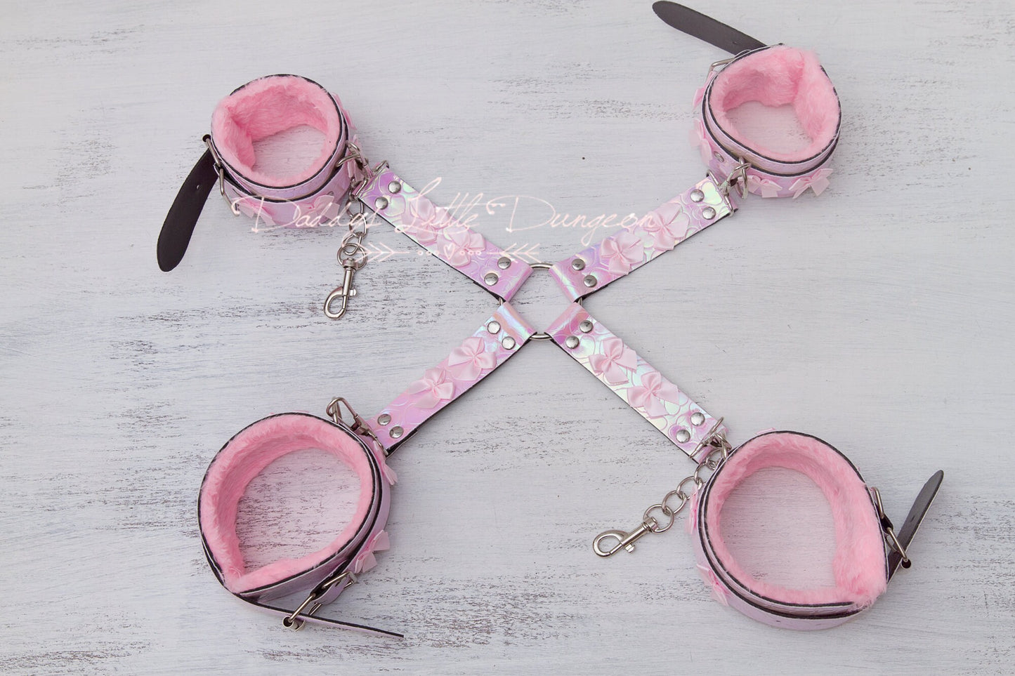 Cute pink DDLG Bondage set, BDSM collar and leash, pretty ball gag, fetish restraints for pet play and subs.