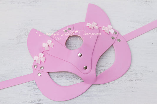 Pink BDSM Mask - Kitten Fox Ears Black Bows Pet Play Cat Sub Daddys Little Girl Cosplay Petplay Kawaii ABDL Kitty DDLG Fairy Sissy mature