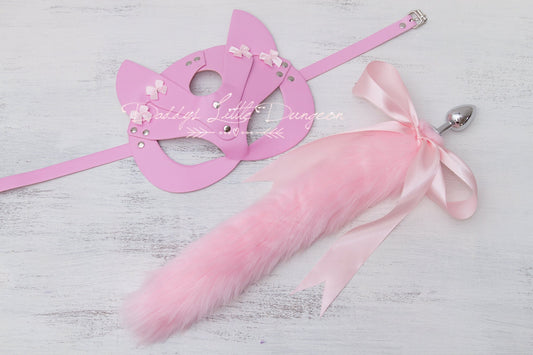 18+ Pretty Pink Pet Play Starter Set! Fox Kitty Ears Face Mask Collar Leash Anal Butt Plug Tail Kitten Cat Petplay BDSM ABDL DDLG mature