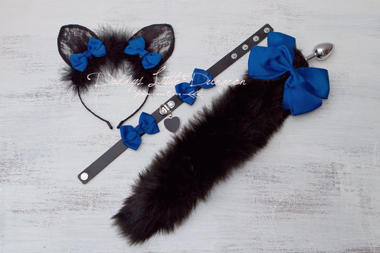 18+ Pretty Pet Play Starter Set! Blue Fox Kitty Ears Collar Anal Butt Plug Tail Submissive Kitten Cat Cosplay Petplay BDSM ABDL DDLG mature