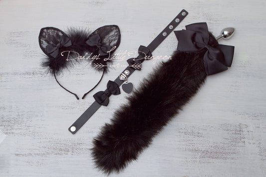 18+ Pretty Pet Play Starter Set! Black Fox Kitty Ears Collar Anal Butt Plug Tail Submissive Kitten Cat Cosplay Petplay BDSM ABDL DDLG mature