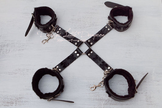 BDSM HARNESS SET - Hogtie Bondage Restraints for Wrist & Ankle - Fur Leg Cuffs, Fluffy Handcuffs - Kinky Sex Toys, Cute Fetish Gear - mature