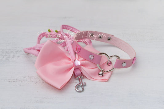 Pink DDLG Princess BDSM Bondage Collar & Leash Set with Heart Gems and Bows for Petplay, Cosplay, Daddys Little Girl, ABDL brat, mature