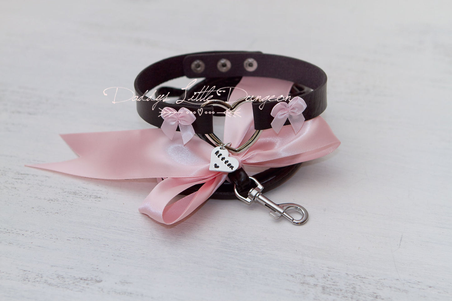 DDLG or BDSM Personalized Bondage Choker Day Collar & Leash Set with Pink Bows for Petplay, Cosplay, Daddys Little Girl, ABDL brat, mature