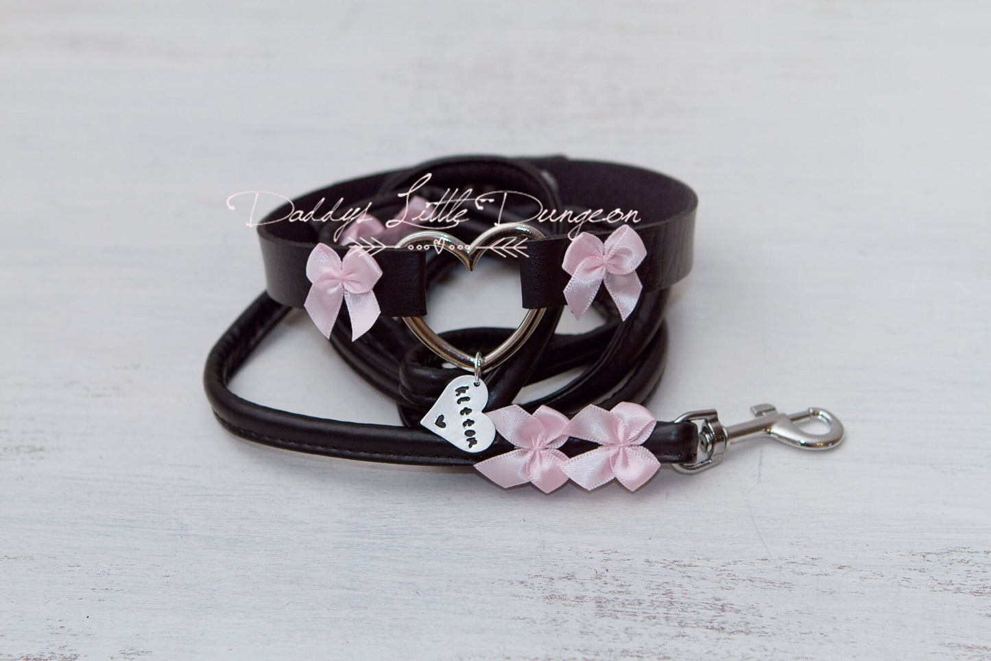 DDLG or BDSM Custom Tag Bondage Choker Day Collar & Leash Set with Pink Bows for Petplay, Cosplay, Daddys Little Girl, ABDL brat, mature