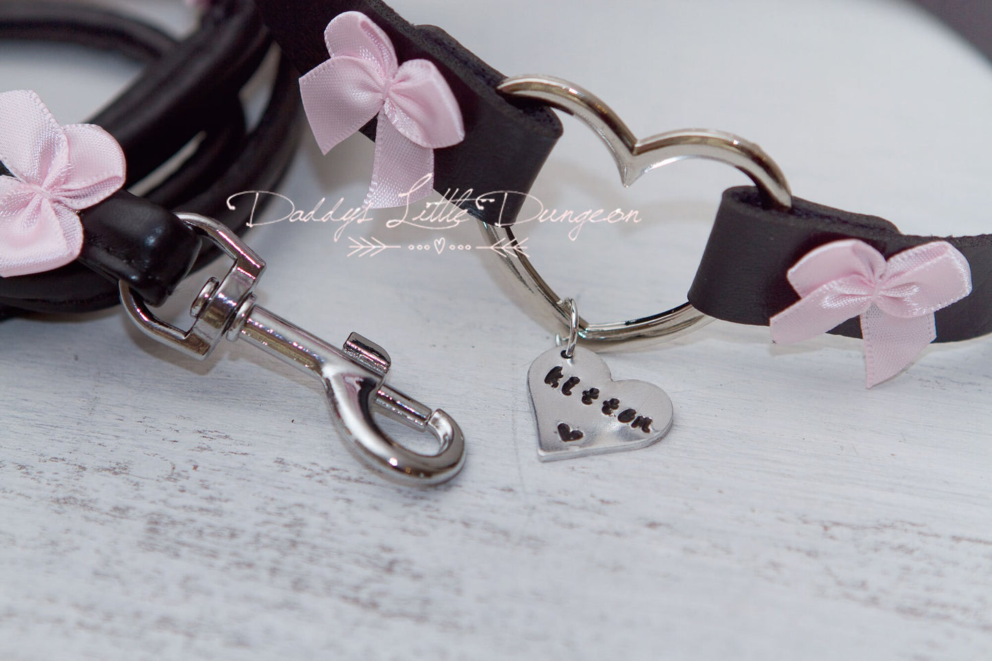 DDLG or BDSM Custom Tag Bondage Choker Day Collar & Leash Set with Pink Bows for Petplay, Cosplay, Daddys Little Girl, ABDL brat, mature