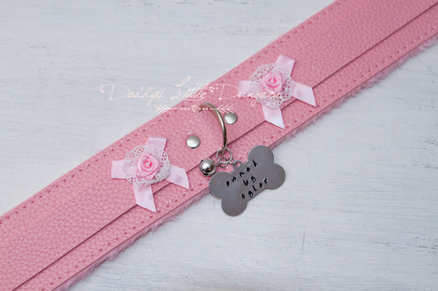 Pink Personalized Tag Fur BDSM Bondage Collar & Leash Set with Roses and Bows for Petplay, Cosplay, DDLG, Daddys Little Girl ABDL mature