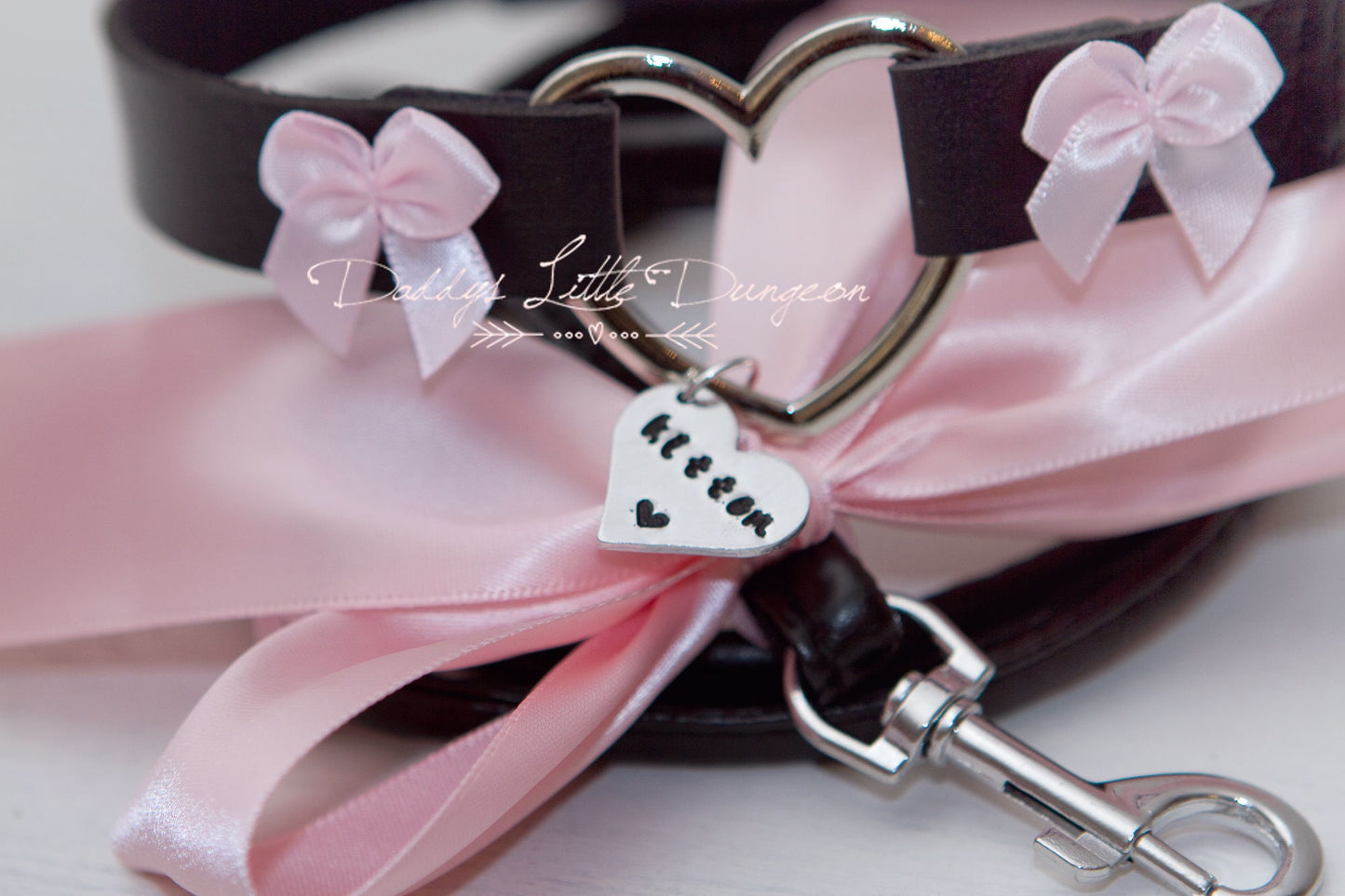 DDLG or BDSM Personalized Bondage Choker Day Collar & Leash Set with Pink Bows for Petplay, Cosplay, Daddys Little Girl, ABDL brat, mature