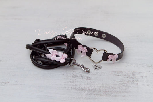 DDLG or BDSM Custom Tag Bondage Choker Day Collar & Leash Set with Pink Bows for Petplay, Cosplay, Daddys Little Girl, ABDL brat, mature