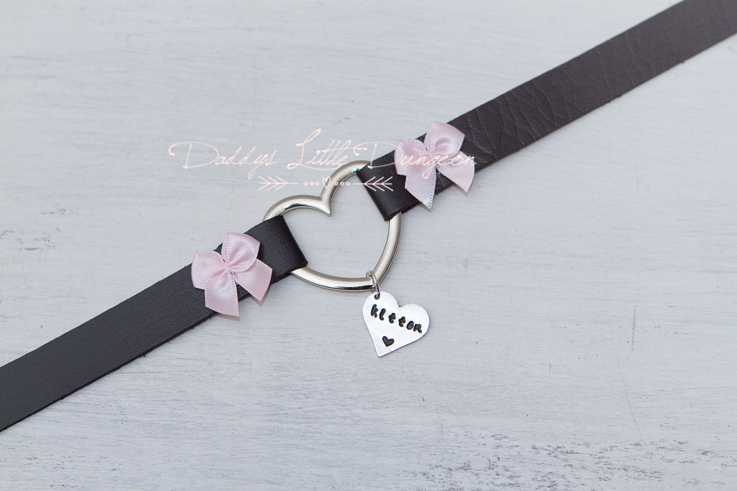 DDLG or BDSM Custom Tag Bondage Choker Day Collar & Leash Set with Pink Bows for Petplay, Cosplay, Daddys Little Girl, ABDL brat, mature