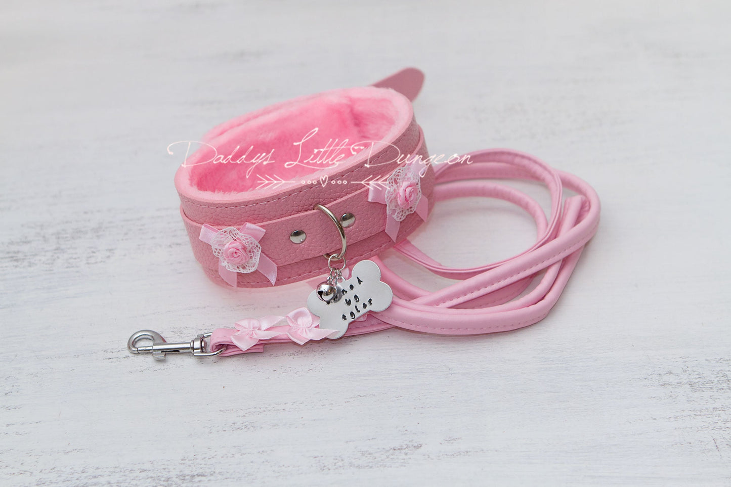 Pink Personalized Tag Fur BDSM Bondage Collar & Leash Set with Roses and Bows for Petplay, Cosplay, DDLG, Daddys Little Girl ABDL mature