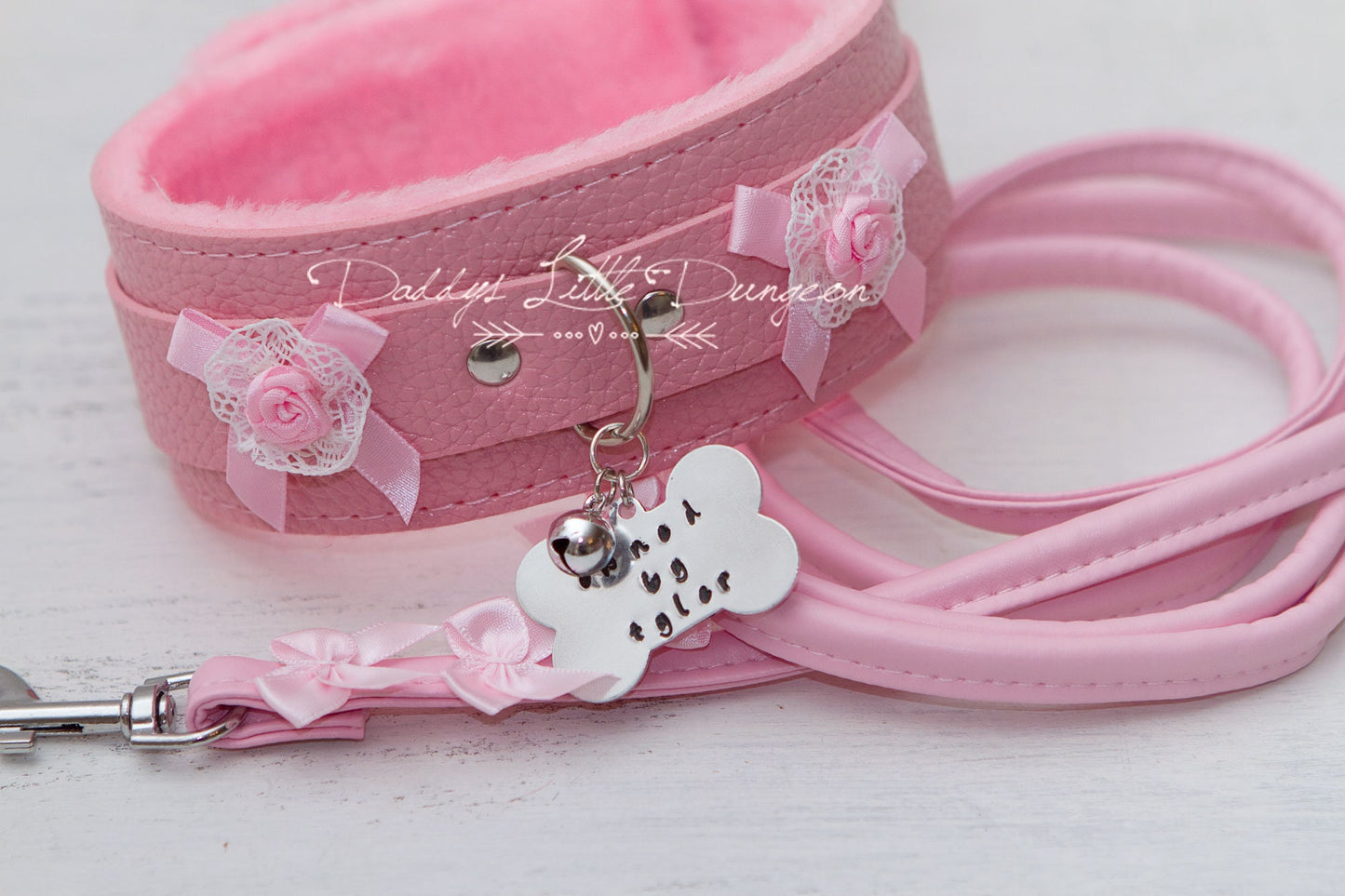 Pink Personalized Tag Fur BDSM Bondage Collar & Leash Set with Roses and Bows for Petplay, Cosplay, DDLG, Daddys Little Girl ABDL mature