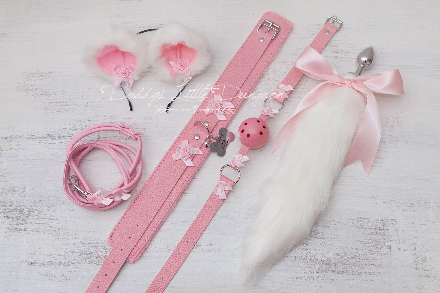 Arctic Fox Snowy Pink Pet Play Set - Fox Kitty Ears Collar Leash Anal Butt Plug Tail Ball Gag Kitten Cat Petplay BDSM ABDL DDLG mature 18+