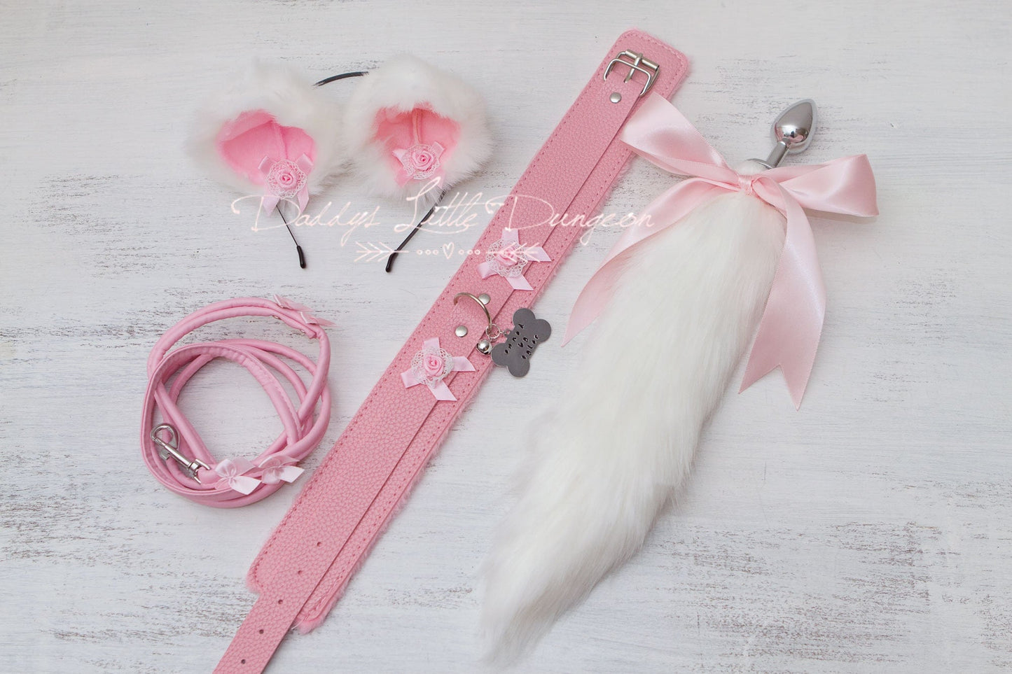 Arctic Fox White and Pink Pet Play Set - Fox Kitty Ears Collar Leash Anal Butt Plug Tail Puppy Kitten Cat Petplay BDSM ABDL DDLG mature 18+