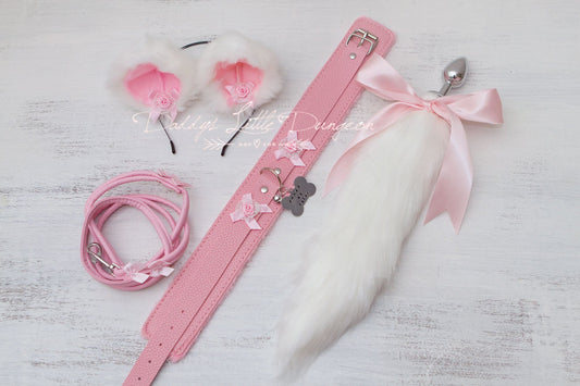 Arctic Fox White and Pink Pet Play Set - Fox Kitty Ears Collar Leash Anal Butt Plug Tail Puppy Kitten Cat Petplay BDSM ABDL DDLG mature 18+