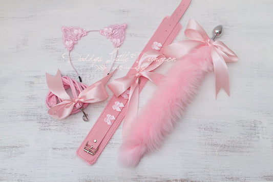 DDLG Princess Pink Pet Play Set - Fox Kitty Ears Collar Leash Anal Butt Plug Tail Puppy Kitten Cat Petplay BDSM sub ABDL brat mature 18+