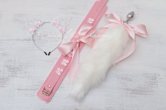 DDLG Arctic Fox Pink Pet Play Set - Fox Kitty Ears Collar Anal Butt Plug Tail Puppy Kitten Cat Furry Petplay BDSM sub ABDL brat mature 18+