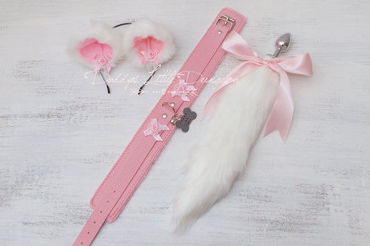 Arctic Fox White and Pink Pet Play Set - Ears Collar & Anal Butt Plug Tail for Fox, Puppy, Kitten, Cat, Petplay BDSM ABDL DDLG mature 18+