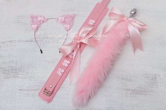 DDLG Princess Pink Pet Play Set - Fox Kitty Ears Collar Anal Butt Plug Tail Puppy Kitten Cat Furry Petplay BDSM sub ABDL brat mature 18+