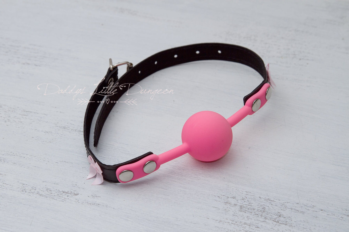 Pink BDSM Silicone Bondage Ball Gag Restraint with Bows - DDLG Kink, Daddy's Little Girl, Femdom, Mommy Fetish, mature, mdlg mdlb ddlb abdl