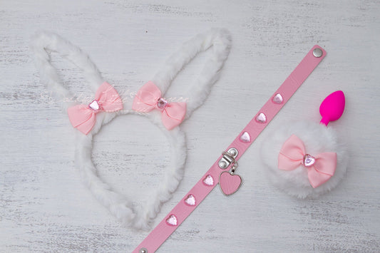 18+ Pretty White Pink Princess Pet Play Set - Bunny Ears, Heart Collar, Anal Butt Plug Rabbit Tail Sex Toy Cosplay Petplay BDSM DDLG mature