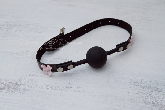 Black BDSM Silicone Bondage Ball Gag Restraint Pink Bows - DDLG Kink, Daddys Little Girl, Femdom, Mommy Fetish, mature, mdlg mdlb ddlb abdl