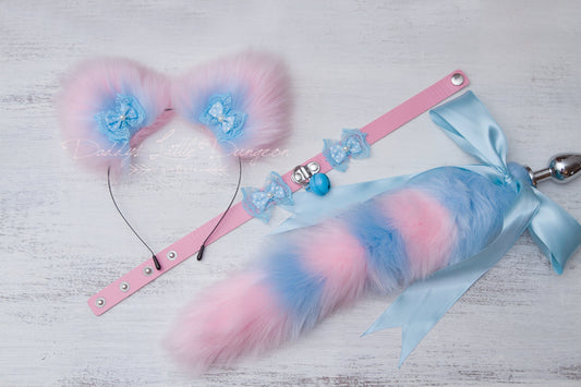 Pretty Pink & Blue Pet Play Set - Big Furry Kitten Ears, Collar, Fox Tail Butt Plug Anal Sex Toy, Cat Cosplay Petplay BDSM DDLG mature 18+